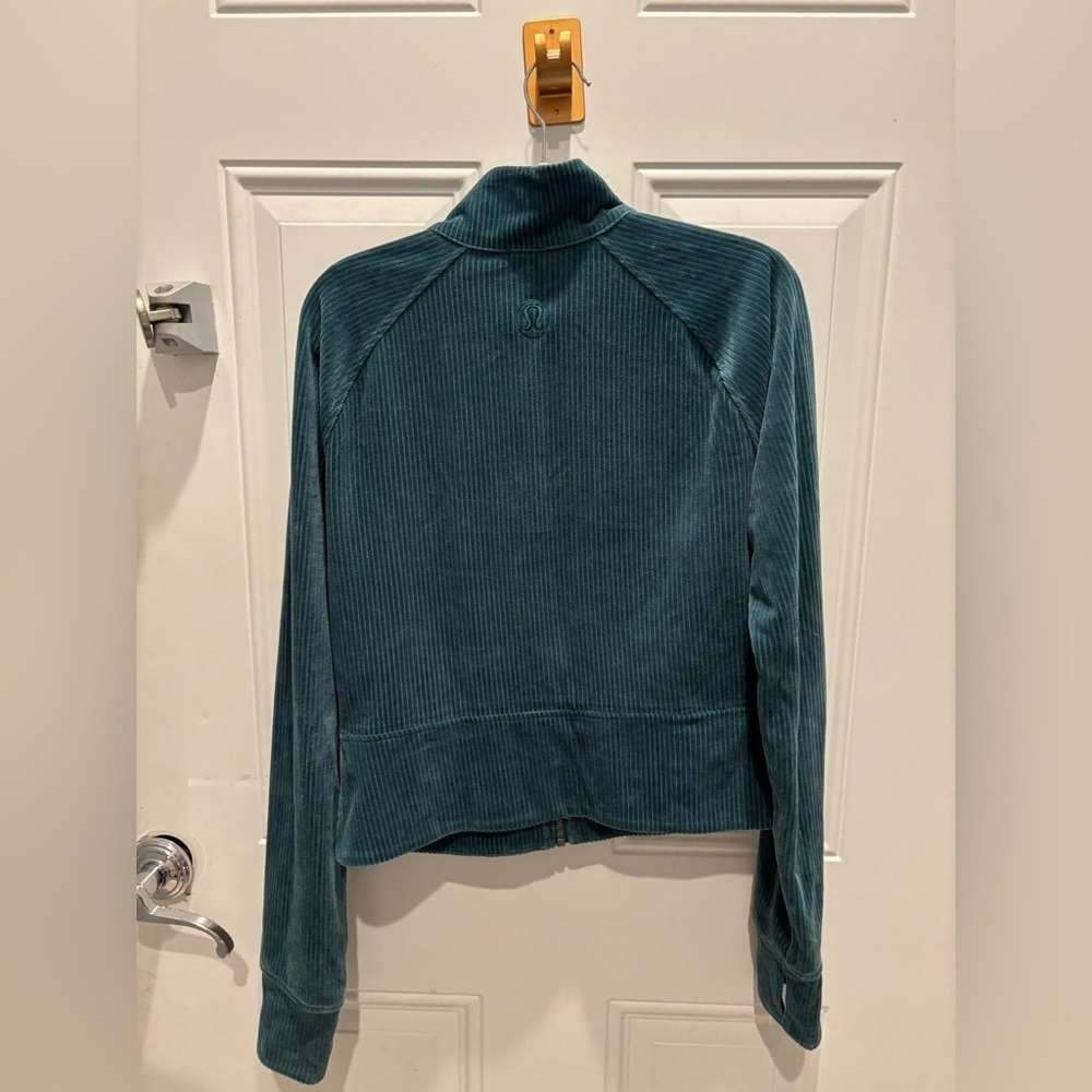 Lululemon Scuba Track Jacket Velvet Velour Cord Storm Teal Cotton Jersey sz8 - Picture 7 of 7